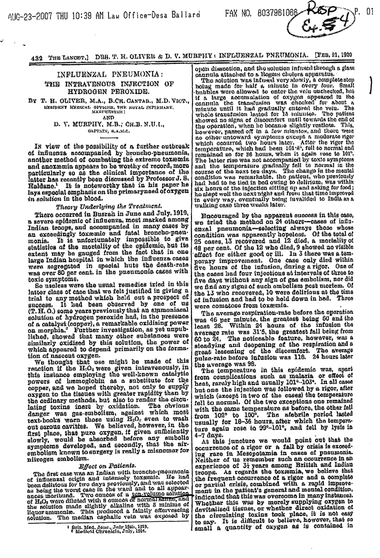 intravenous hydrogen peroxide study 1920
