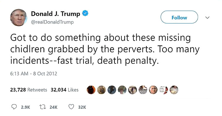 trump pedophile death penalty tweet